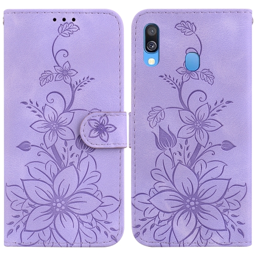 

For Samsung Galaxy A40 Lily Embossed Leather Phone Case(Purple)