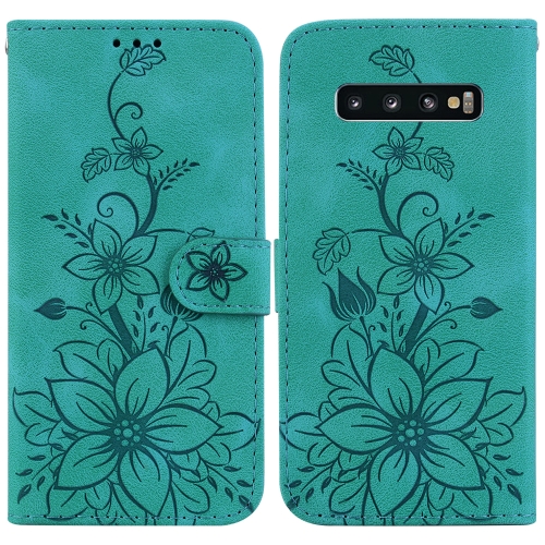 

For Samsung Galaxy S10+ Lily Embossed Leather Phone Case(Green)