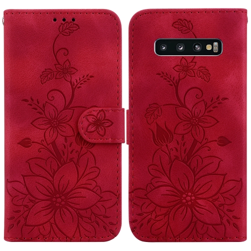 

For Samsung Galaxy S10 Lily Embossed Leather Phone Case(Red)