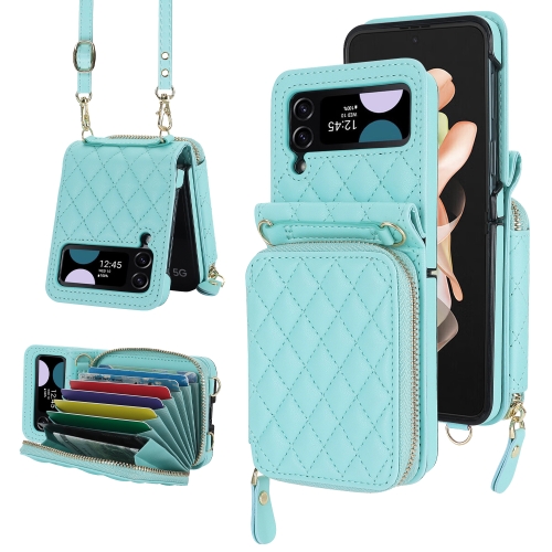 

For Samsung Galaxy Z Flip4 Rhombic Texture Card Bag Phone Case with Dual Lanyard(Green)