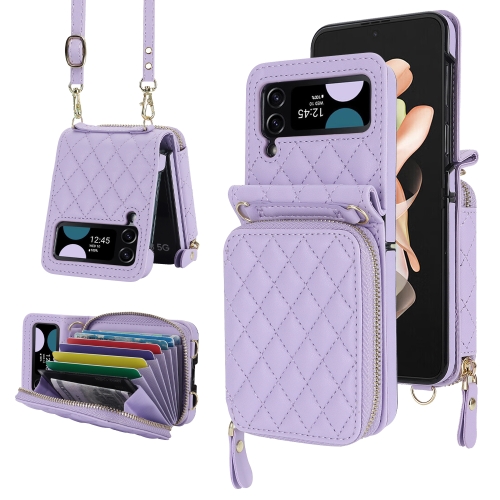 

For Samsung Galaxy Z Flip4 Rhombic Texture Card Bag Phone Case with Dual Lanyard(Purple)