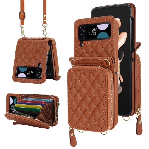 

For Samsung Galaxy Z Flip4 Rhombic Texture Card Bag Phone Case with Dual Lanyard(Brown)