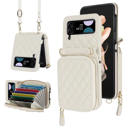 

For Samsung Galaxy Z Flip4 Rhombic Texture Card Bag Phone Case with Dual Lanyard(White)