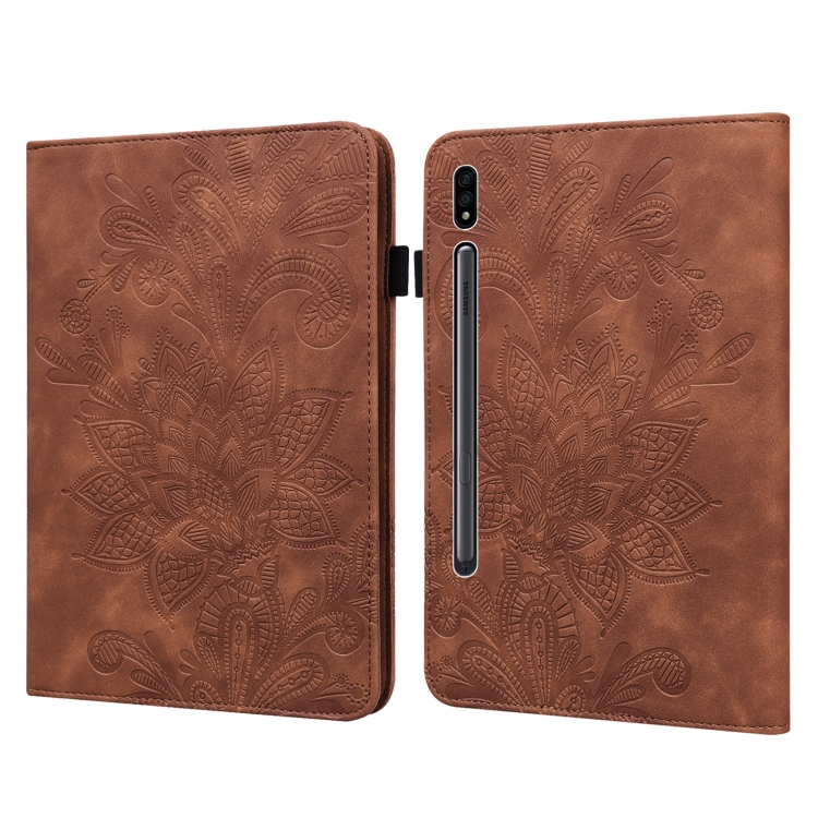 

For Samsung Galaxy Tab S9 Lace Flower Embossing Pattern Leather Tablet Case(Brown)