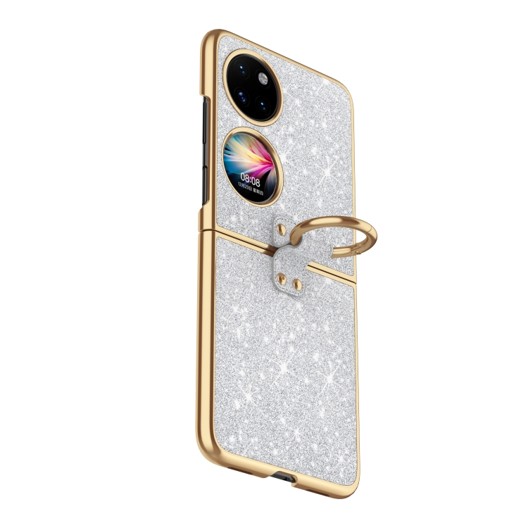 

For Huawei P50 Pocket Plating Gradient Color Glitter Phone Case With Ring Holder(Silver)