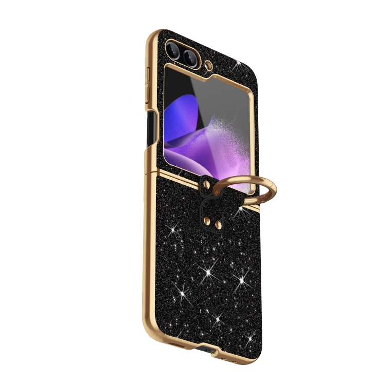 

For Samsung Galaxy Z Flip4 Plating Gradient Color Glitter Phone Case With Ring Holder(Black)
