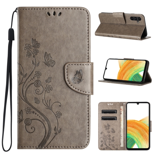 For Samsung Galaxy S24 5G Butterfly Flower Pattern Flip Leather Phone Case(Grey)