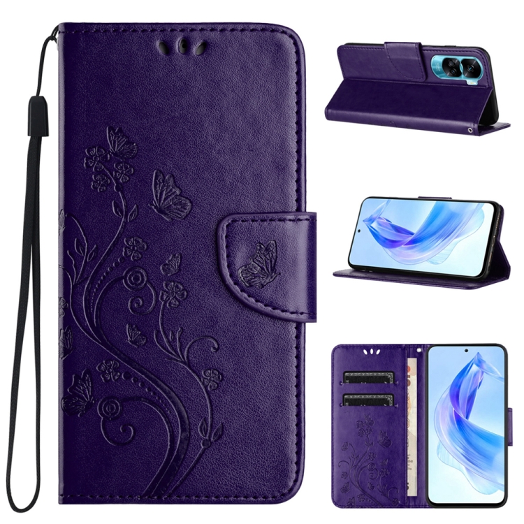 

For Honor 90 Lite Butterfly Flower Pattern Flip Leather Phone Case(Dark Purple)