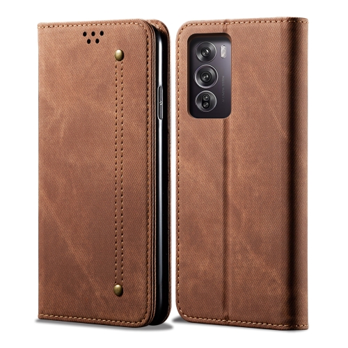 

For OPPO Reno12 5G Global Denim Texture Casual Style Horizontal Flip Leather Case(Brown)