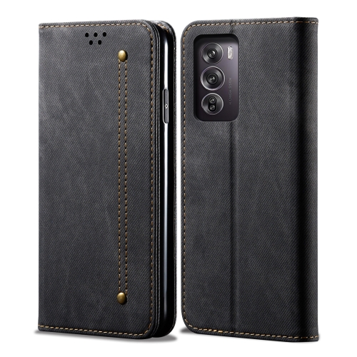 

For OPPO Reno12 Pro 5G Global Denim Texture Casual Style Horizontal Flip Leather Case(Black)