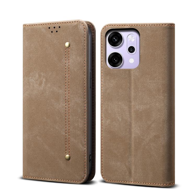 

For OPPO Reno14 5G Global Denim Texture Casual Style Horizontal Flip Leather Case(Khaki)