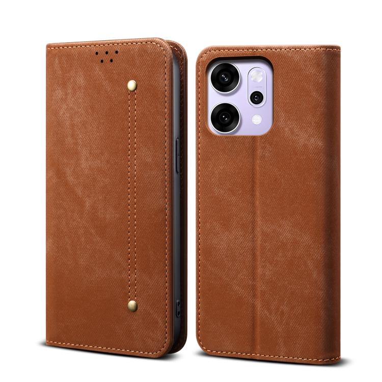 

For OPPO Reno14 5G Global Denim Texture Casual Style Horizontal Flip Leather Case(Brown)