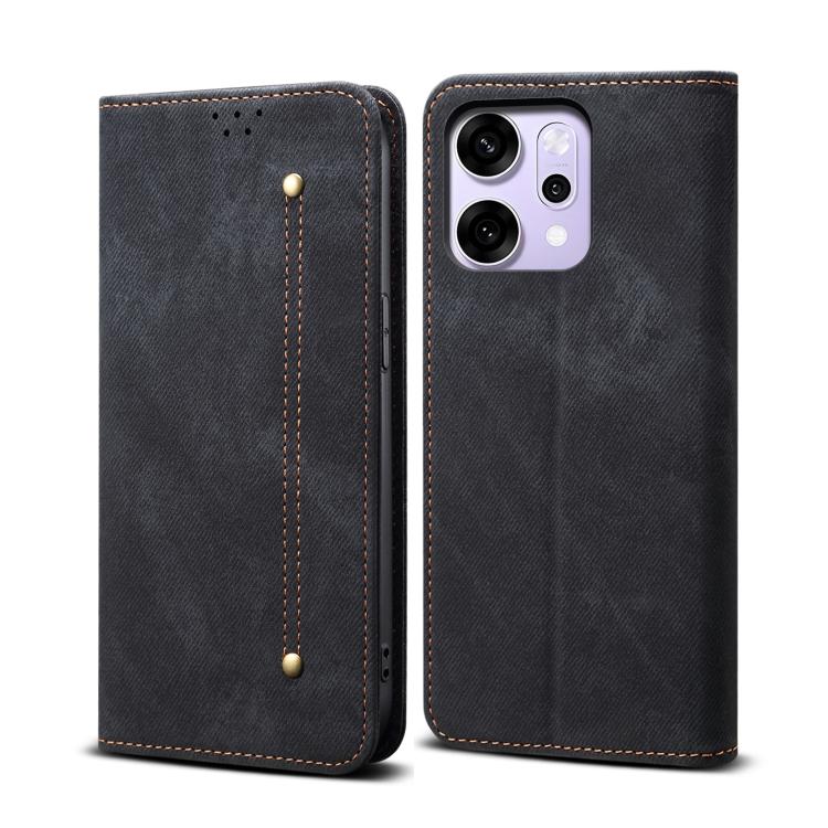 

For OPPO Reno14 5G Global Denim Texture Casual Style Horizontal Flip Leather Case(Black)