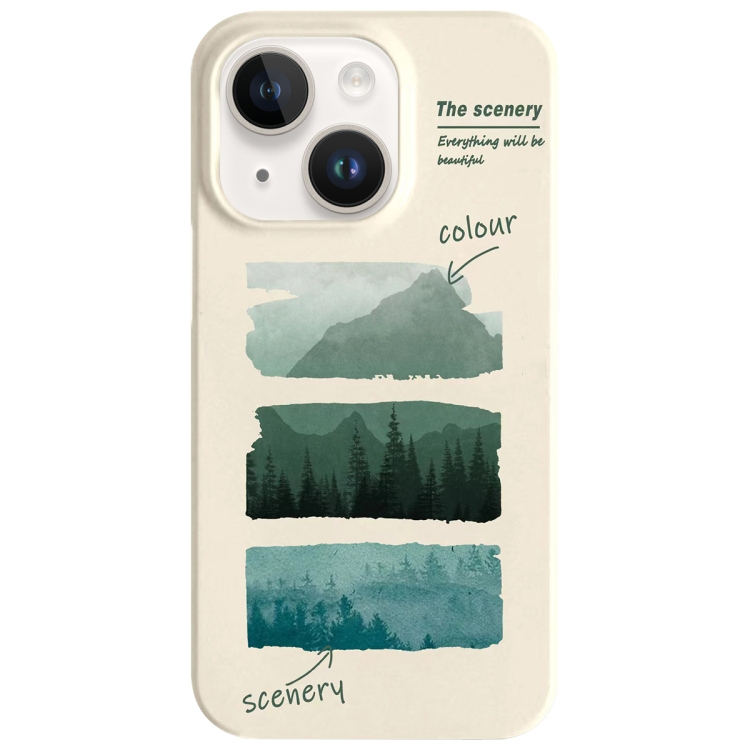 

For iPhone 13 Painted Pattern Skin-friendly PC Phone Case(Beige-Green Watercolor)