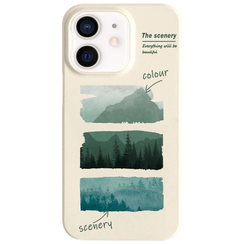 

For iPhone 12 Painted Pattern Skin-friendly PC Phone Case(Beige-Green Watercolor)