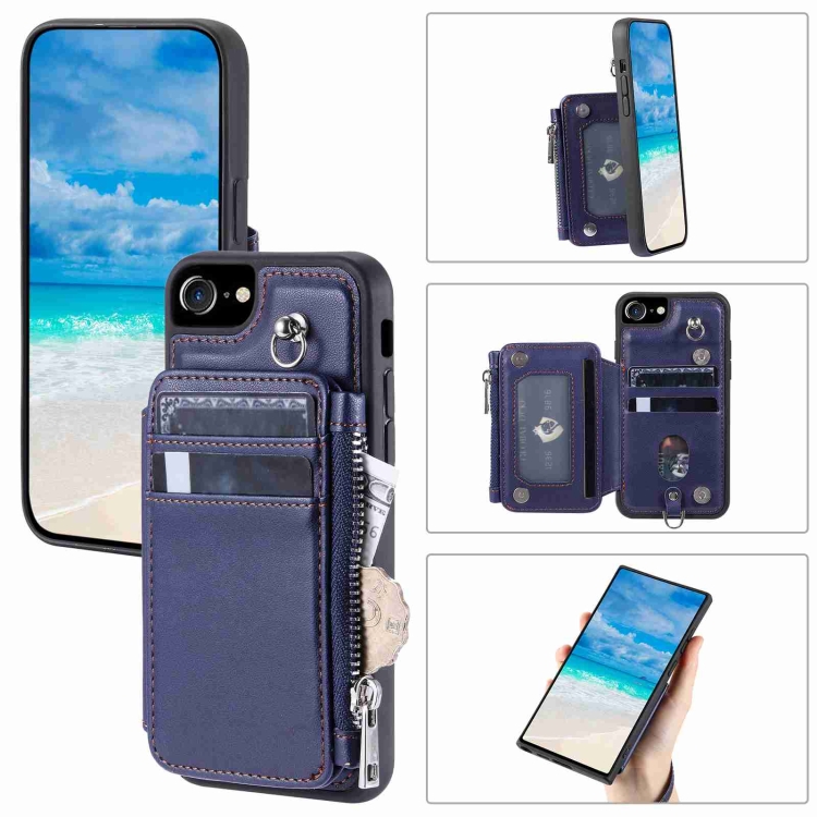 

For iPhone SE 2022 / SE 2020 / 8 Zipper Card Slots RFID Phone Case(Blue)