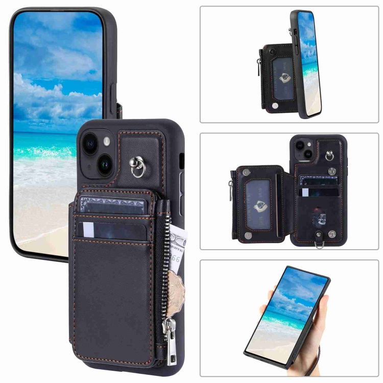

For iPhone 13 Zipper Card Slots RFID Phone Case(Black)
