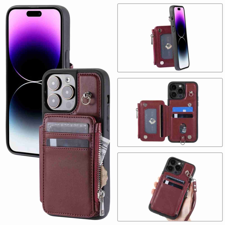 

For iPhone 13 Pro Zipper Card Slots RFID Phone Case(Wine Red)