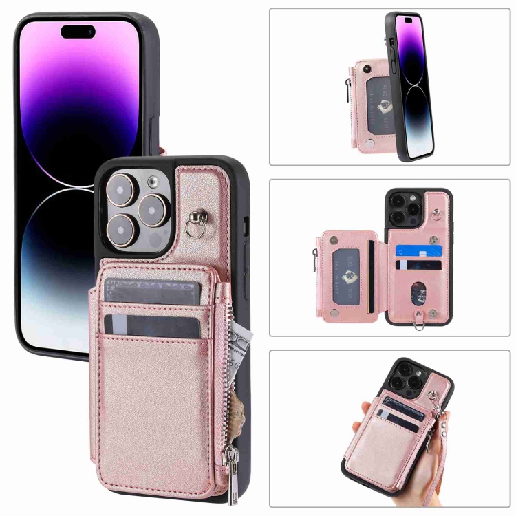 

For iPhone 14 Pro Max Zipper Card Slots RFID Phone Case(Rose Gold)