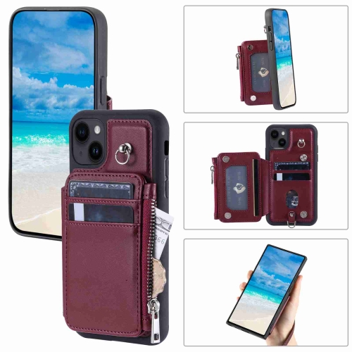 

For iPhone 15 Zipper Card Slots RFID Phone Case(Wine Red)