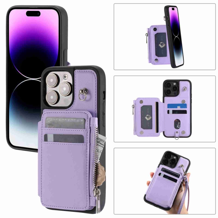 

For iPhone 15 Pro Max Zipper Card Slots RFID Phone Case(Purple)