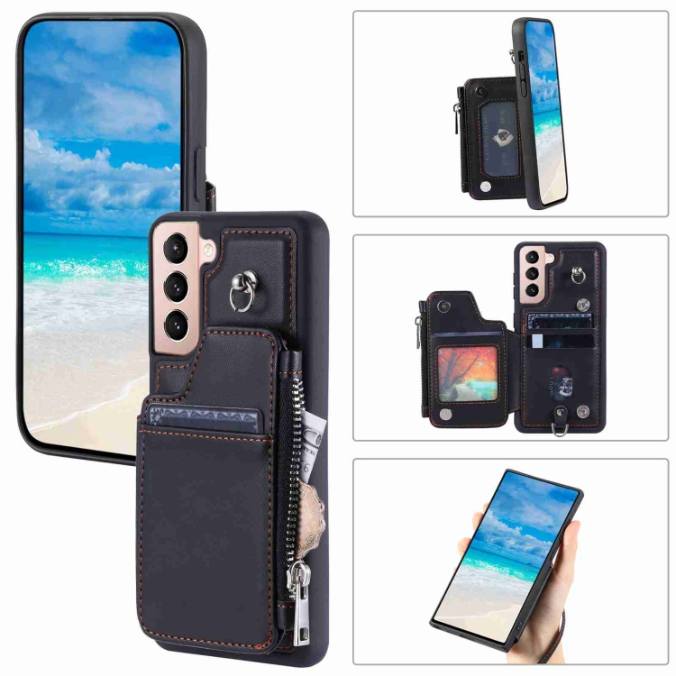 

For Samsung Galaxy S22 5G Zipper Card Slots RFID Phone Case(Black)