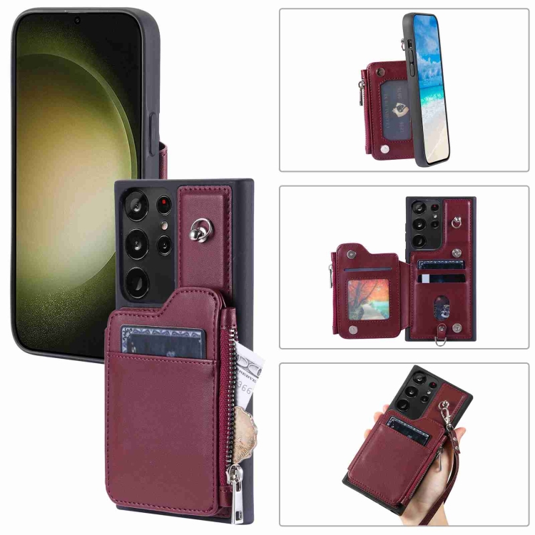 

For Samsung Galaxy S22 Ultra 5G Zipper Card Slots RFID Phone Case(Wine Red)