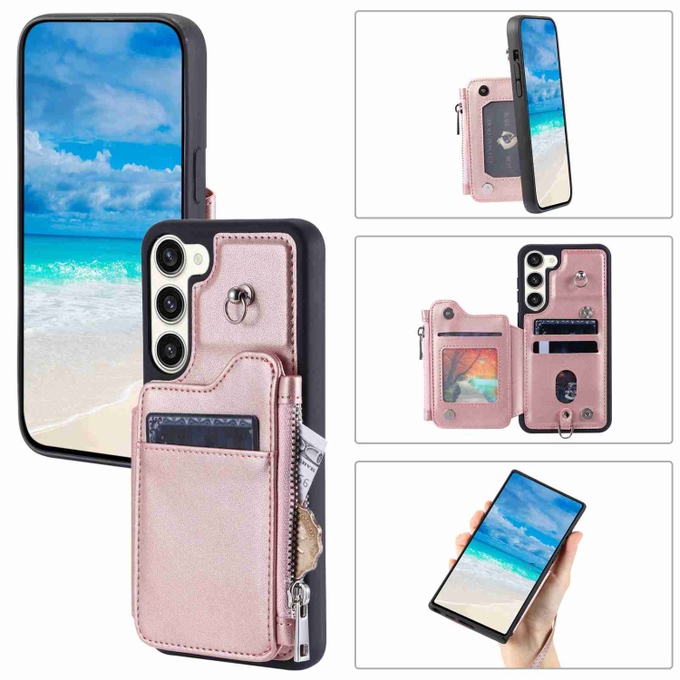 

For Samsung Galaxy S23+ 5G Zipper Card Slots RFID Phone Case(Rose Gold)