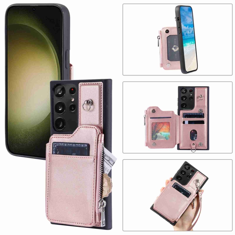 

For Samsung Galaxy S23 Ultra 5G Zipper Card Slots RFID Phone Case(Rose Gold)