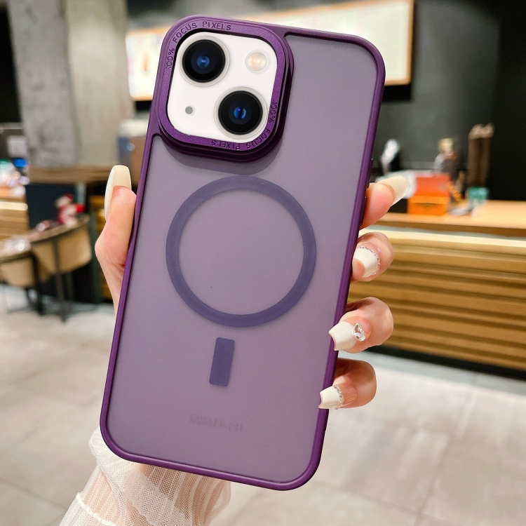 

For iPhone 14 Plus Imitation Metal Frosted Skin Feel Acrylic MagSafe Phone Case(Deep Purple)