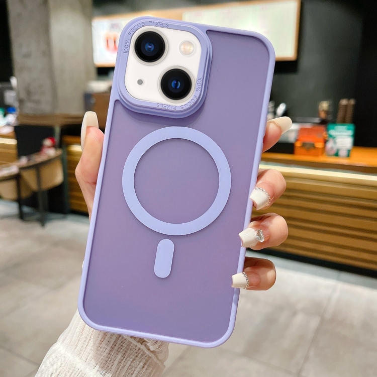 

For iPhone 14 Imitation Metal Frosted Skin Feel Acrylic MagSafe Phone Case(Light Purple)
