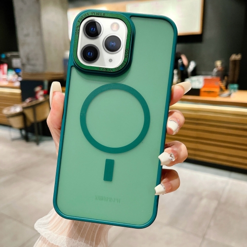 For iPhone 11 Pro Max Imitation Metal Frosted Skin Feel Acrylic MagSafe Phone Case(Green) for iphone 15 imitation metal frosted skin feel acrylic magsafe phone case sierra blue