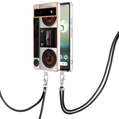 

For Google Pixel 6a Electroplating Dual-side IMD Phone Case with Lanyard(Retro Radio)