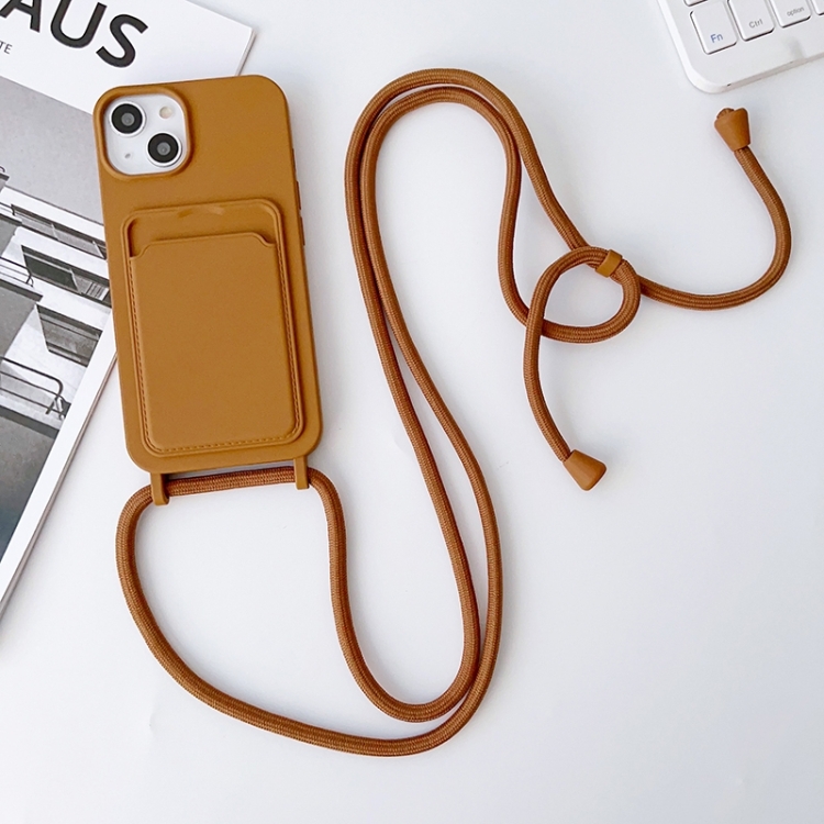 

For iPhone 15 Crossbody Lanyard Elastic Silicone Card Holder Phone Case(Brown)