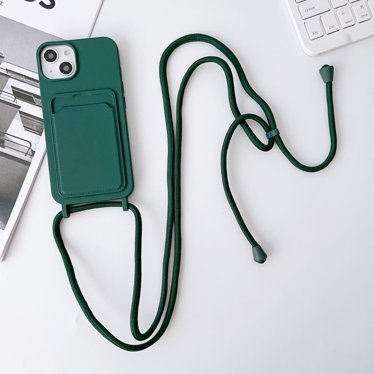 

For iPhone 15 Plus Crossbody Lanyard Elastic Silicone Card Holder Phone Case(Dark Green)