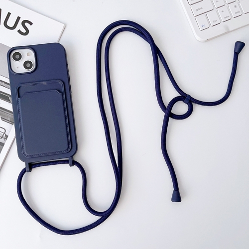 

For iPhone 15 Plus Crossbody Lanyard Elastic Silicone Card Holder Phone Case(Dark Blue)