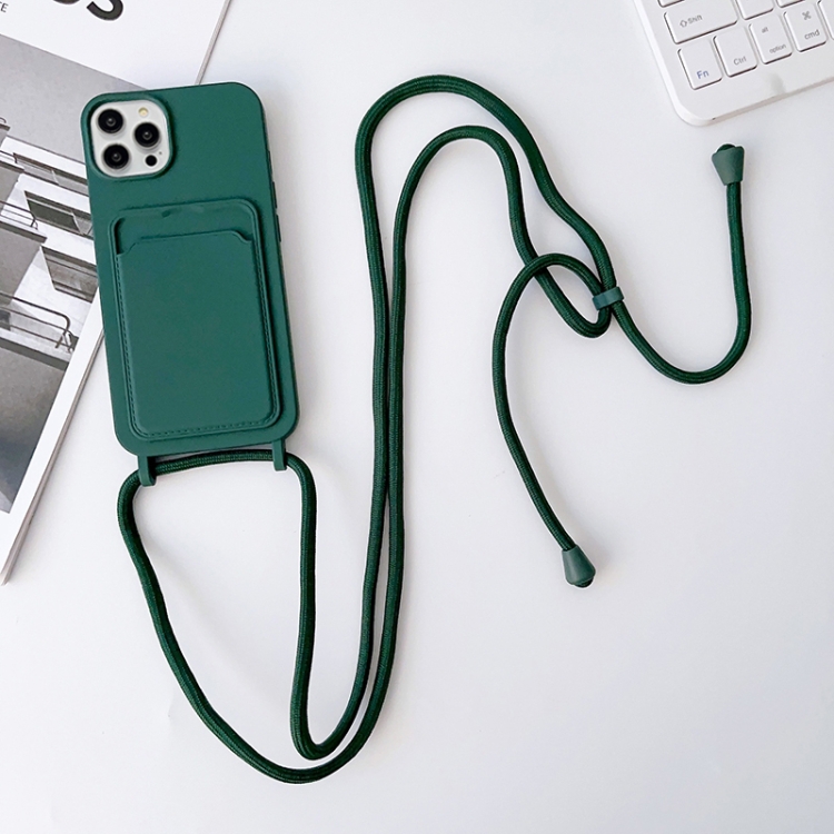 

For iPhone 15 Pro Crossbody Lanyard Elastic Silicone Card Holder Phone Case(Dark Green)