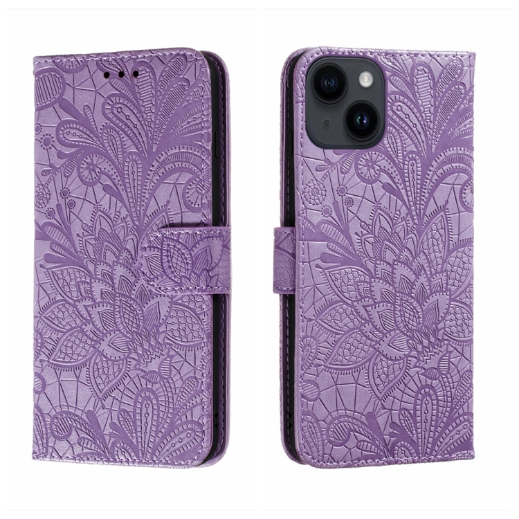 

For iPhone 15 Lace Flower Embossing Flip Leather Phone Case(Purple)