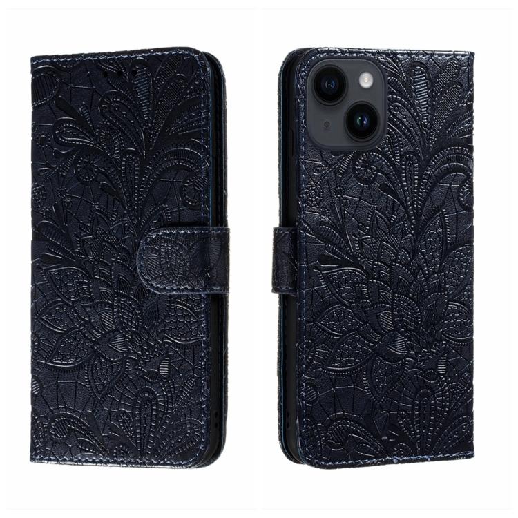 

For iPhone 15 Lace Flower Embossing Flip Leather Phone Case(Dark Blue)