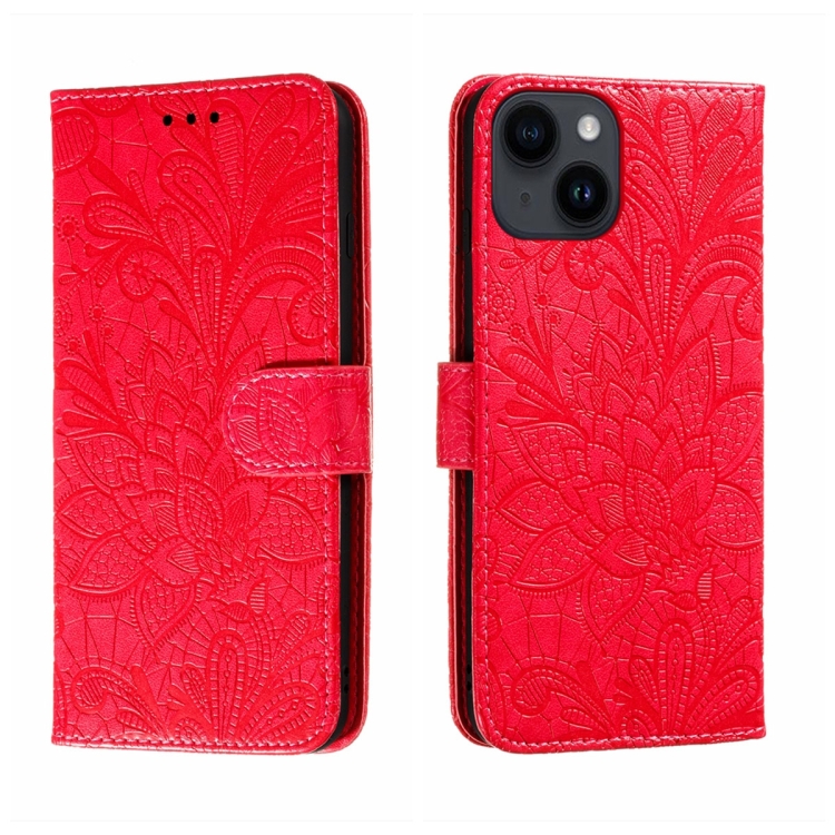 

For iPhone 15 Lace Flower Embossing Flip Leather Phone Case(Red)