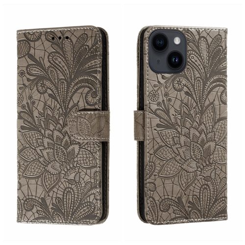 

For iPhone 15 Plus Lace Flower Embossing Flip Leather Phone Case(Grey)