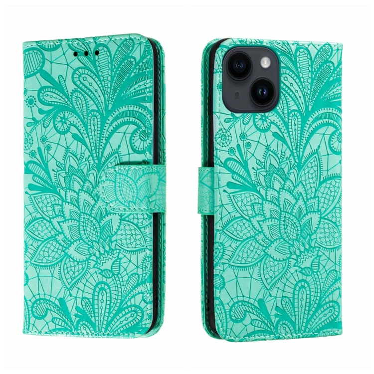 

For iPhone 15 Plus Lace Flower Embossing Flip Leather Phone Case(Green)
