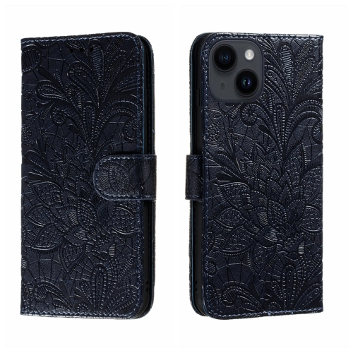 

For iPhone 15 Plus Lace Flower Embossing Flip Leather Phone Case(Dark Blue)