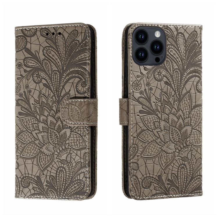 

For iPhone 15 Pro Max Lace Flower Embossing Flip Leather Phone Case(Grey)