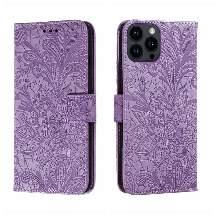 

For iPhone 15 Pro Max Lace Flower Embossing Flip Leather Phone Case(Purple)