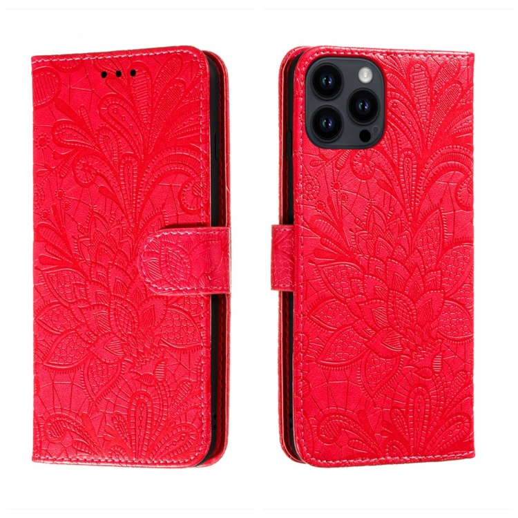 

For iPhone 15 Pro Max Lace Flower Embossing Flip Leather Phone Case(Red)