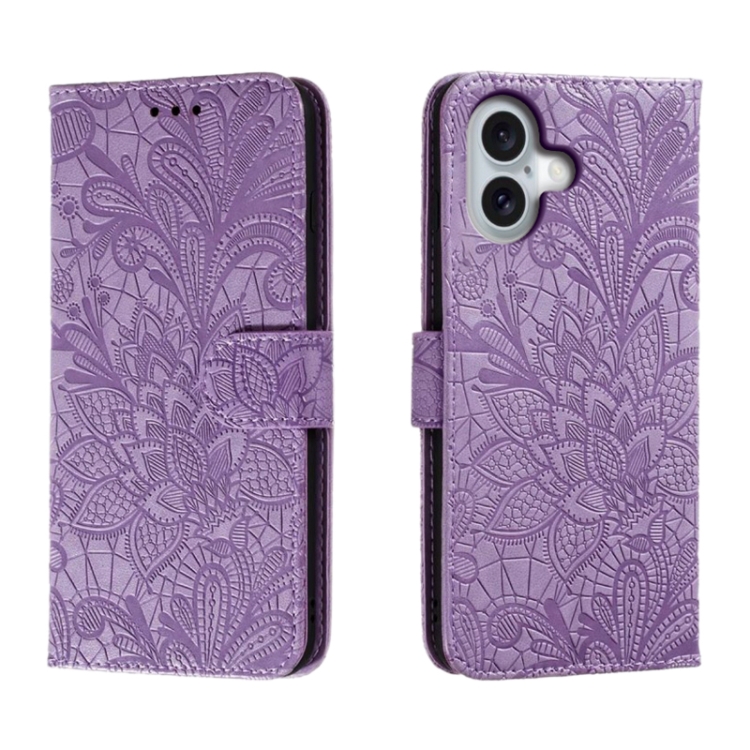 

For iPhone 16 Lace Flower Embossing Flip Leather Phone Case(Purple)