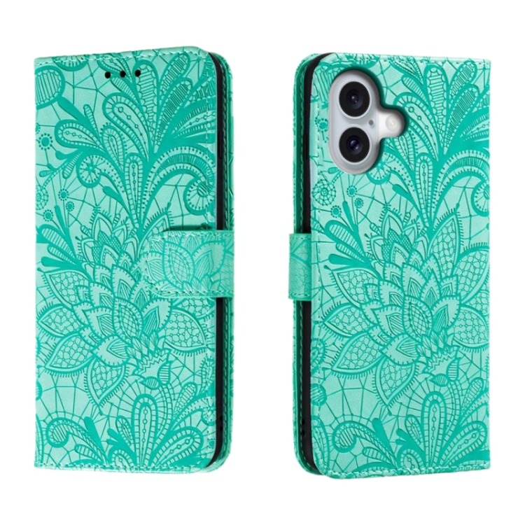 

For iPhone 16 Lace Flower Embossing Flip Leather Phone Case(Green)