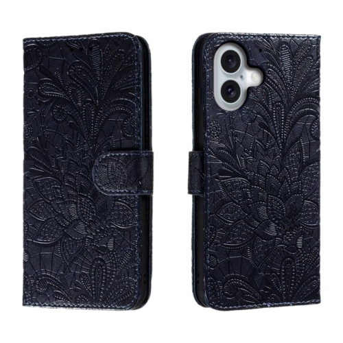 

For iPhone 16 Lace Flower Embossing Flip Leather Phone Case(Dark Blue)