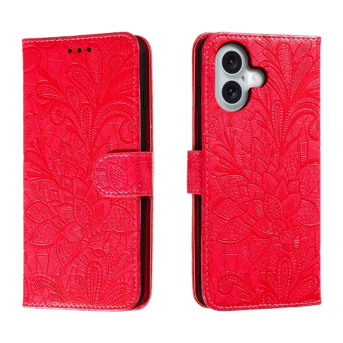 

For iPhone 16 Lace Flower Embossing Flip Leather Phone Case(Red)
